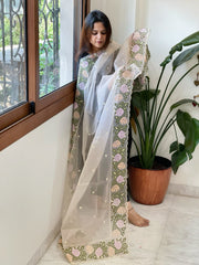 Peach Organza Dupatta with Cross - Stitch Embroidery - Masakalee
