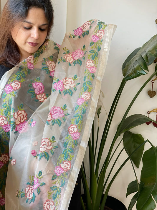 Peach Organza Dupatta with Cross - Stitch Embroidery - Masakalee