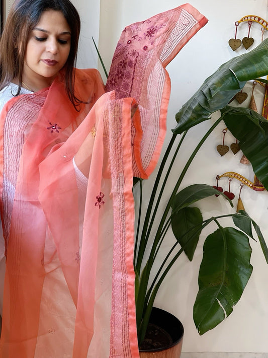 Peach Organza dupatta with Lambani Hand Embroidery - Masakalee