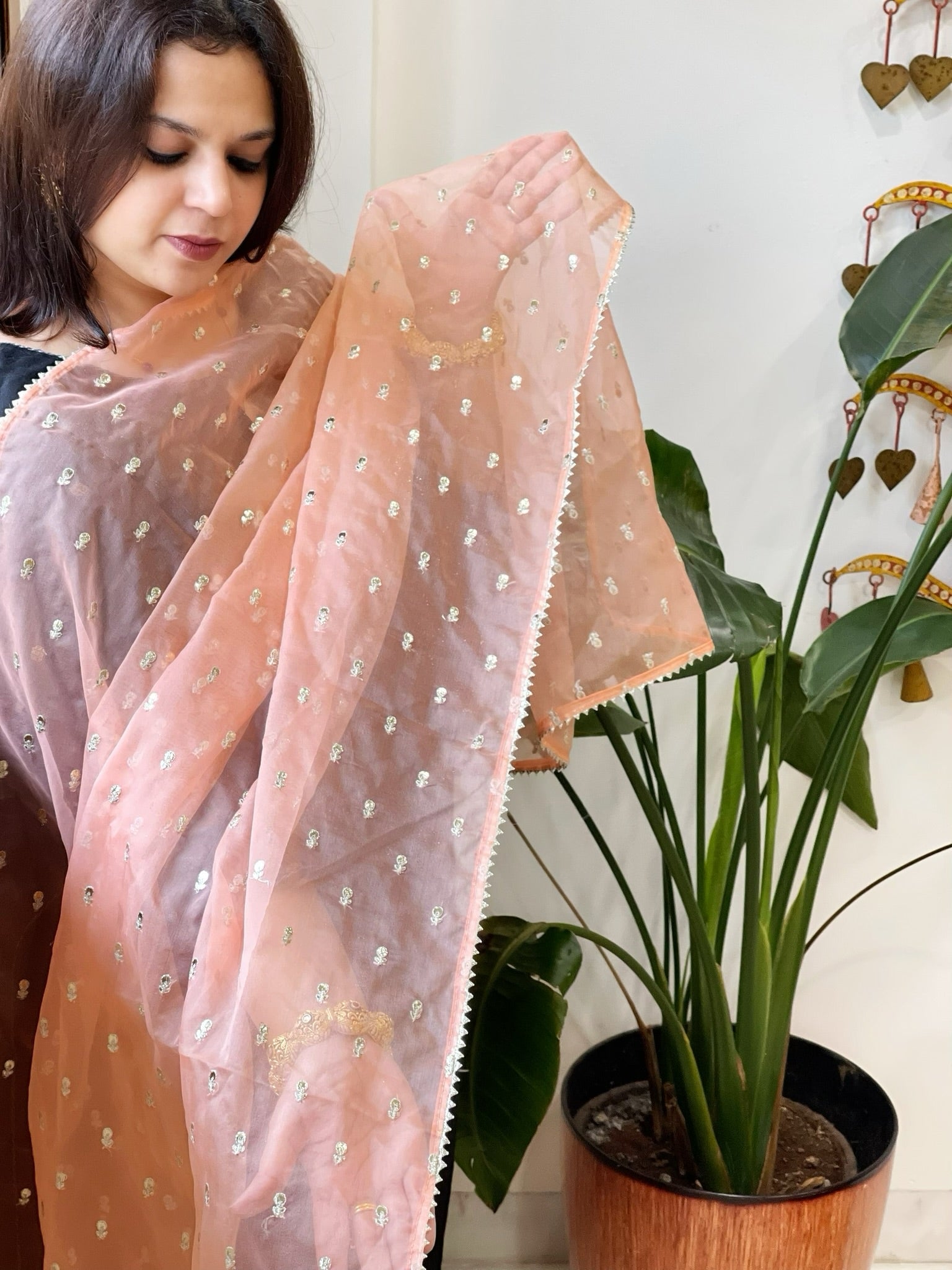 Peach Organza Dupatta with Pitta Work Butas and Gota Lace Border - Masakalee