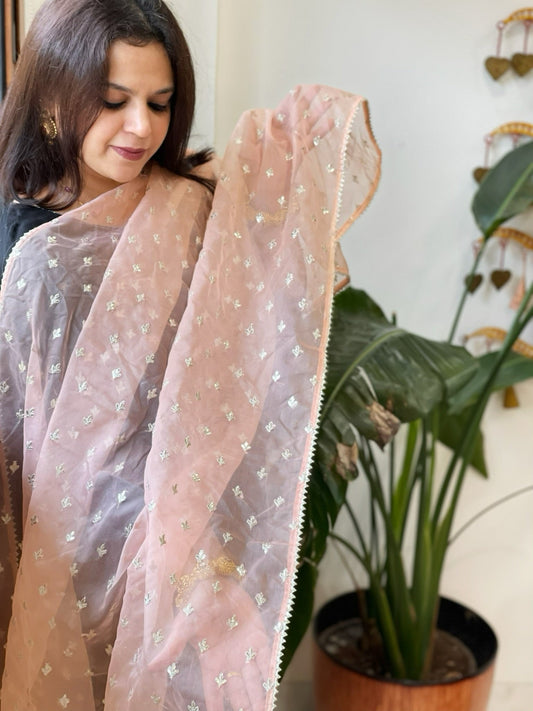 Peach Organza Dupatta with Pitta Work Butas and Gota Lace Border - Masakalee
