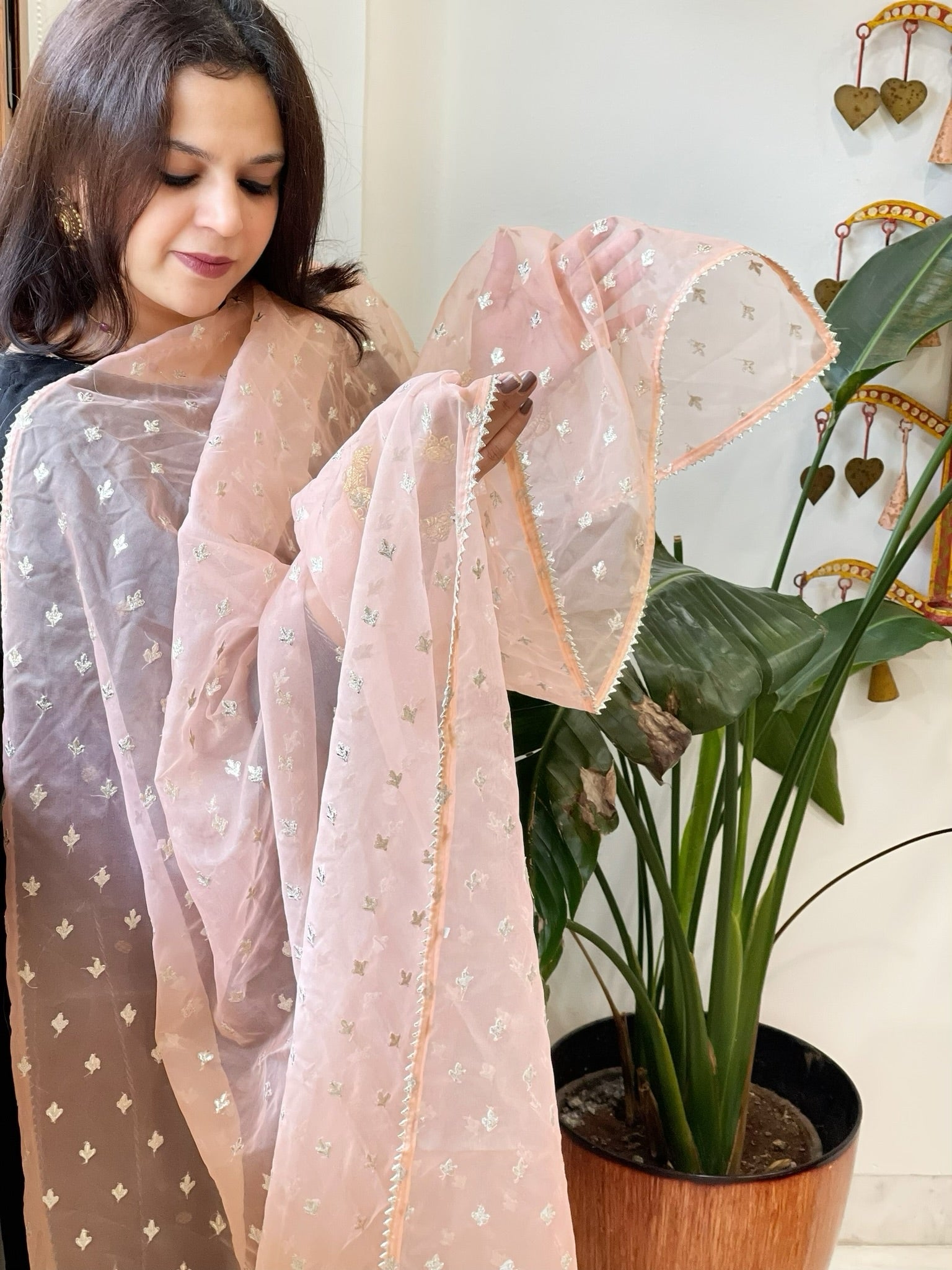 Peach Organza Dupatta with Pitta Work Butas and Gota Lace Border - Masakalee
