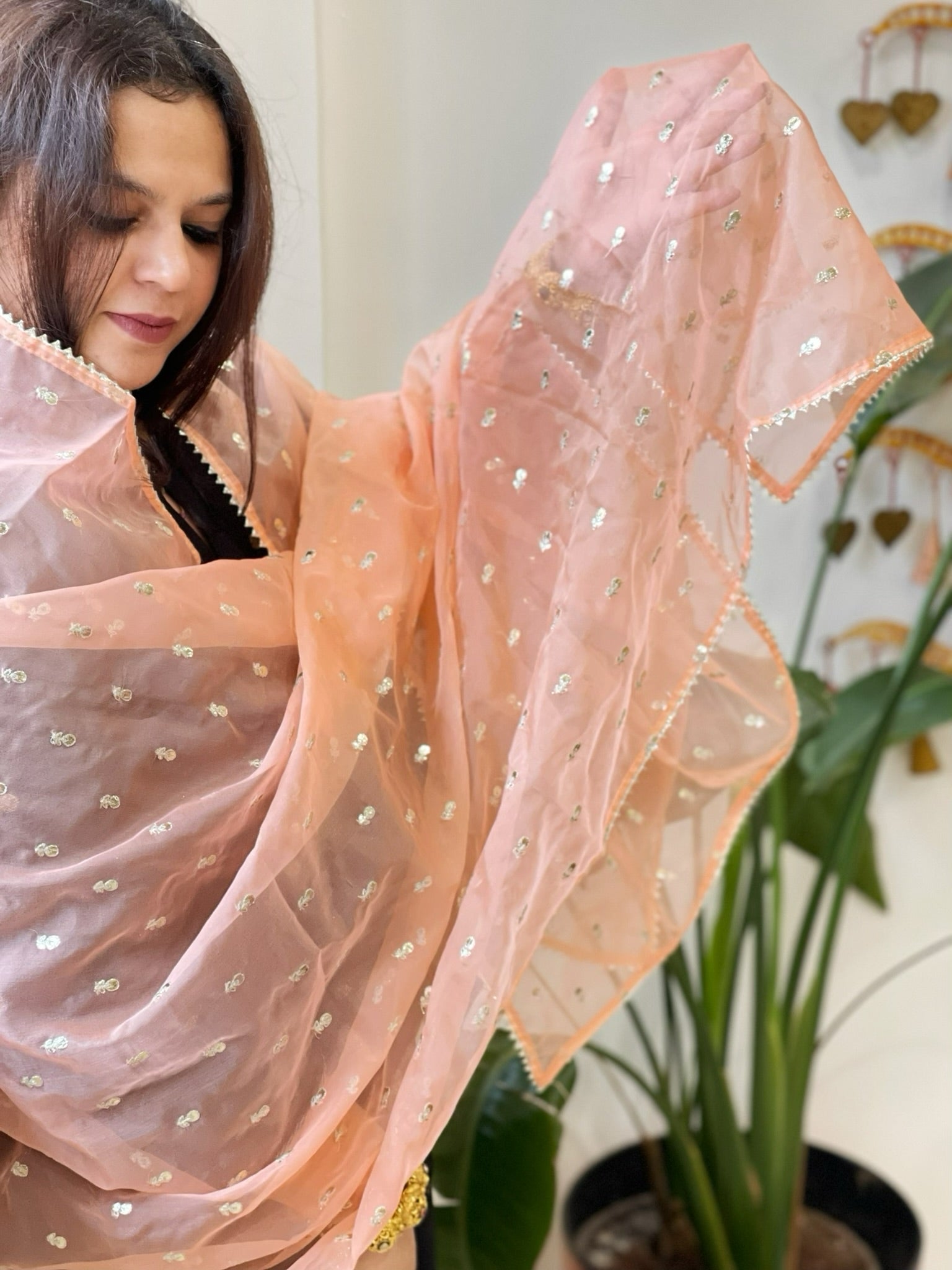 Peach Organza Dupatta with Pitta Work Butas and Gota Lace Border - Masakalee