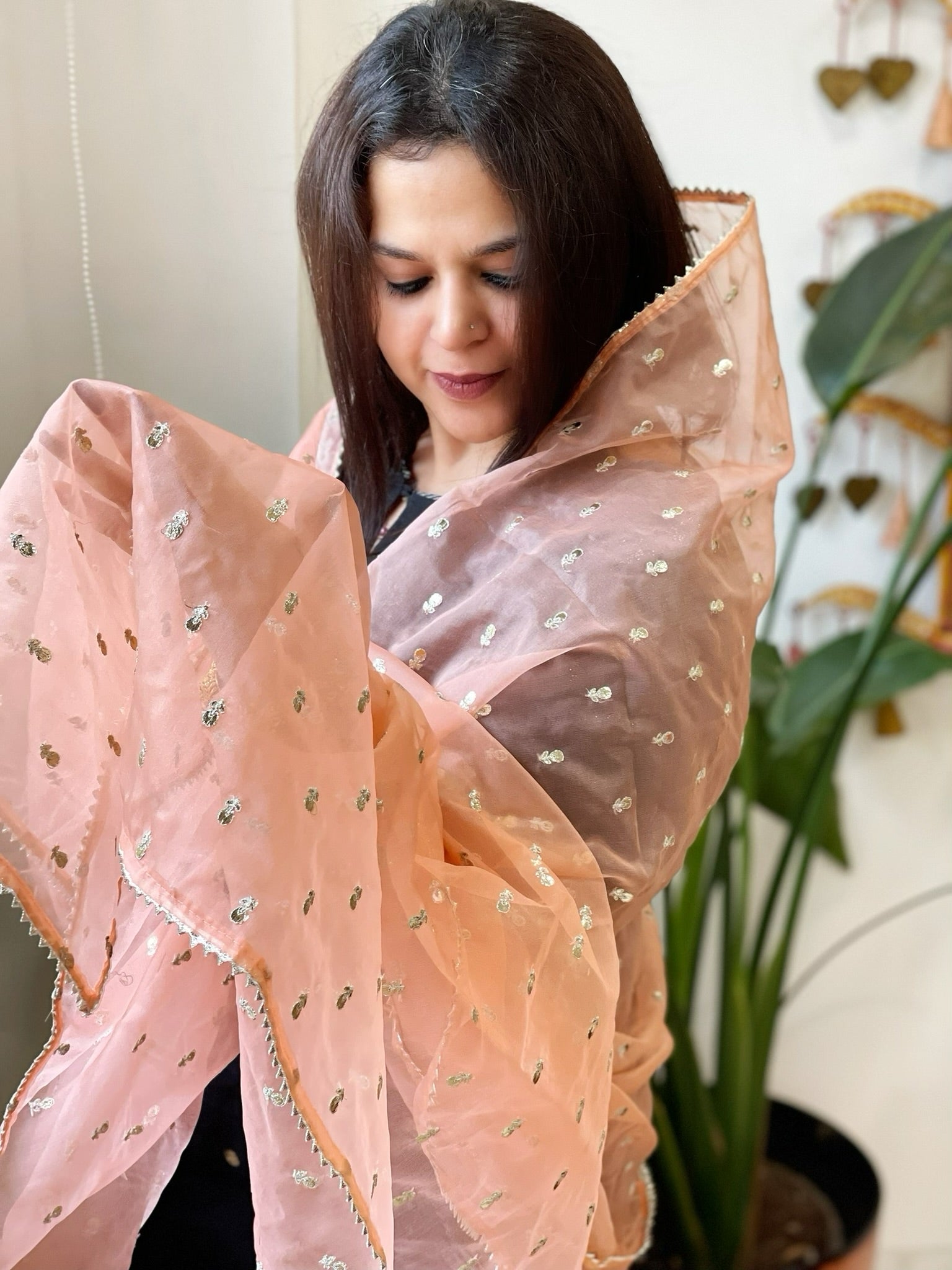 Peach Organza Dupatta with Pitta Work Butas and Gota Lace Border - Masakalee