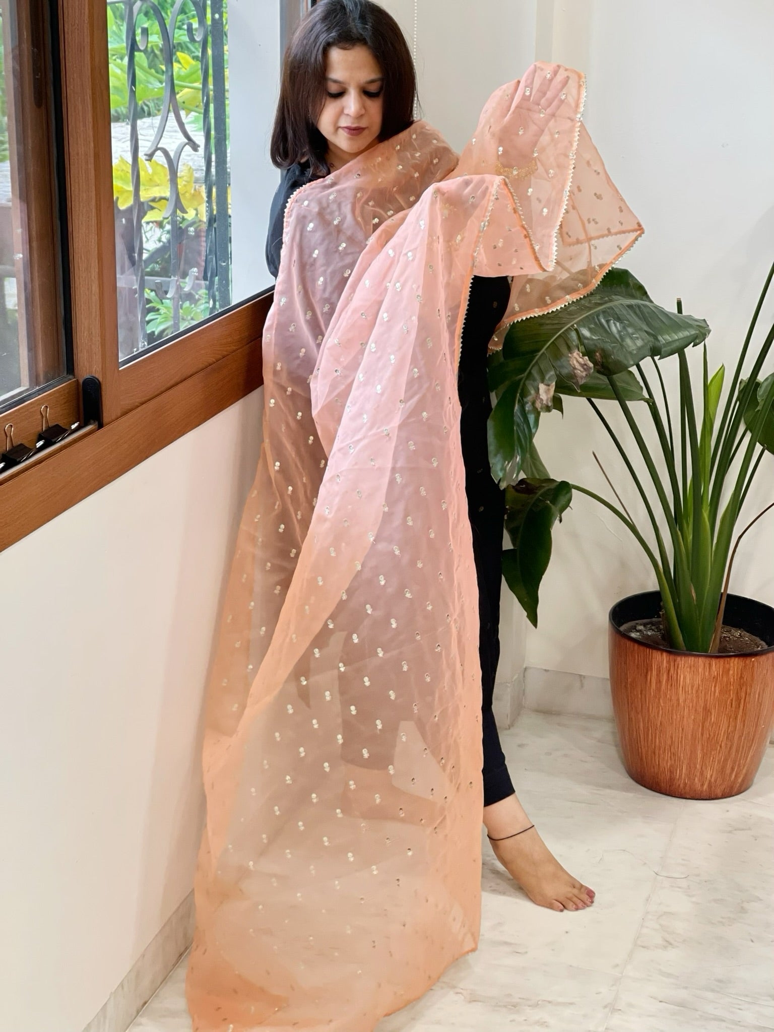 Peach Organza Dupatta with Pitta Work Butas and Gota Lace Border - Masakalee