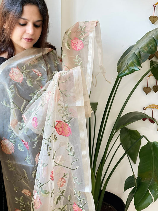 Peach Organza Dupatta with Thread Embroidery - Masakalee