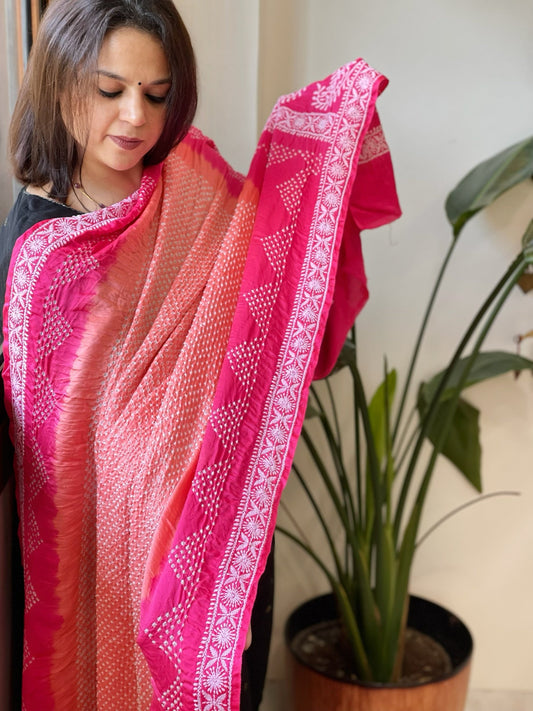 Peach, Pink Rai Bandhej Dupatta with Lucknowi Handwork in Pure Gajji Silk - Masakalee
