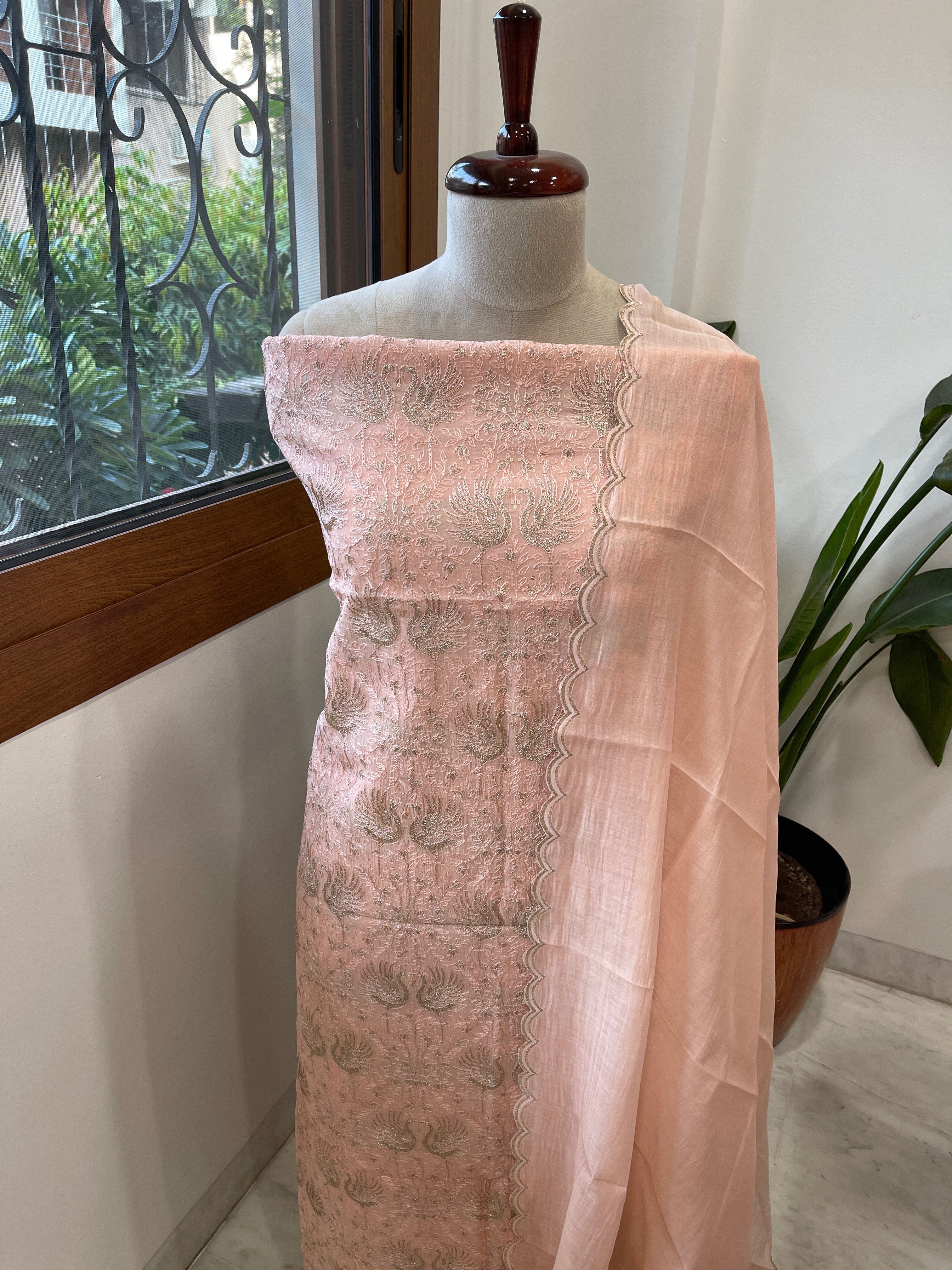 Peach Suit Set with Gold Thread Embroidery in Pure Mul - Masakalee