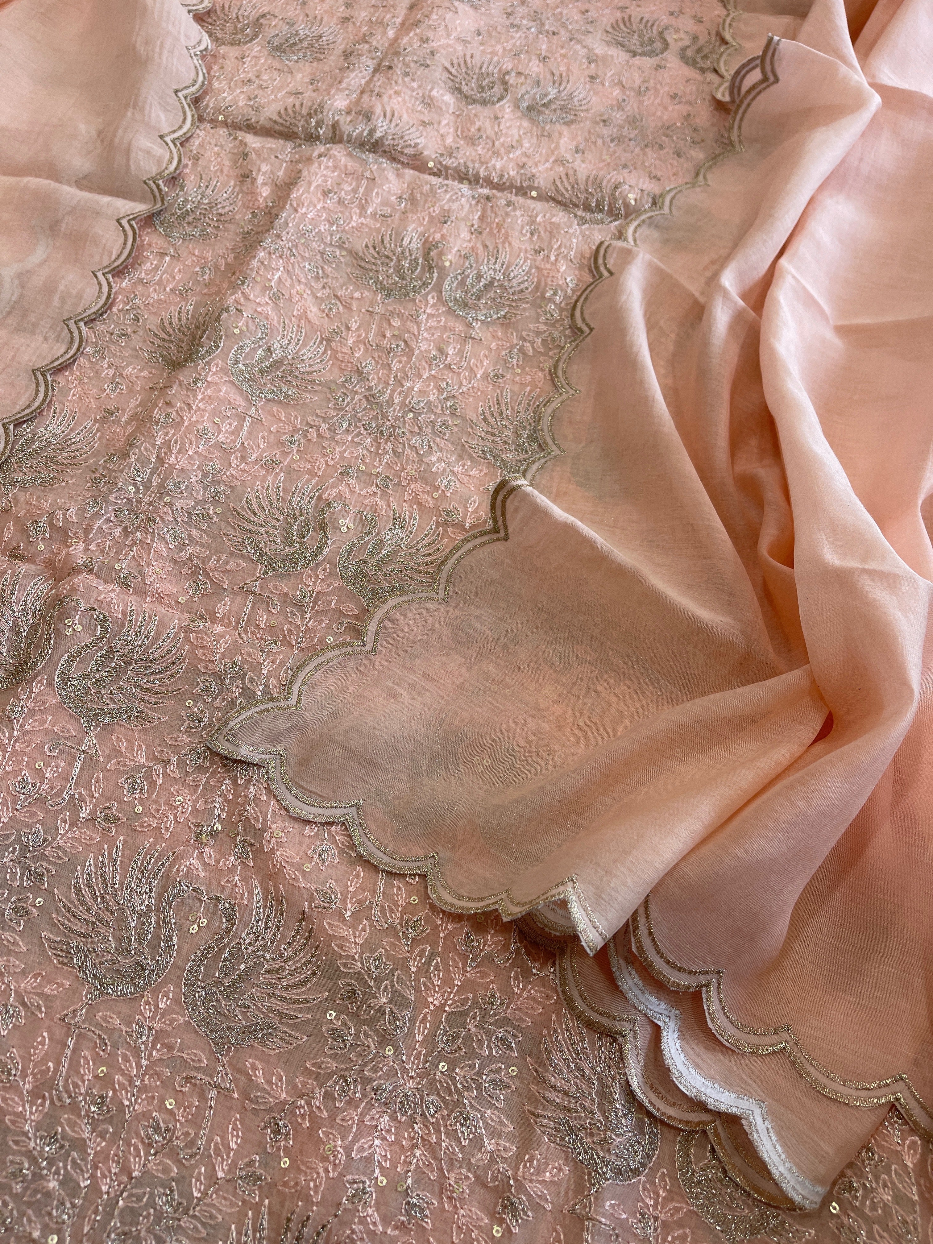 Peach Suit Set with Gold Thread Embroidery in Pure Mul - Masakalee
