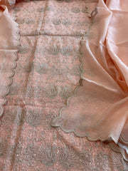 Peach Suit Set with Gold Thread Embroidery in Pure Mul - Masakalee