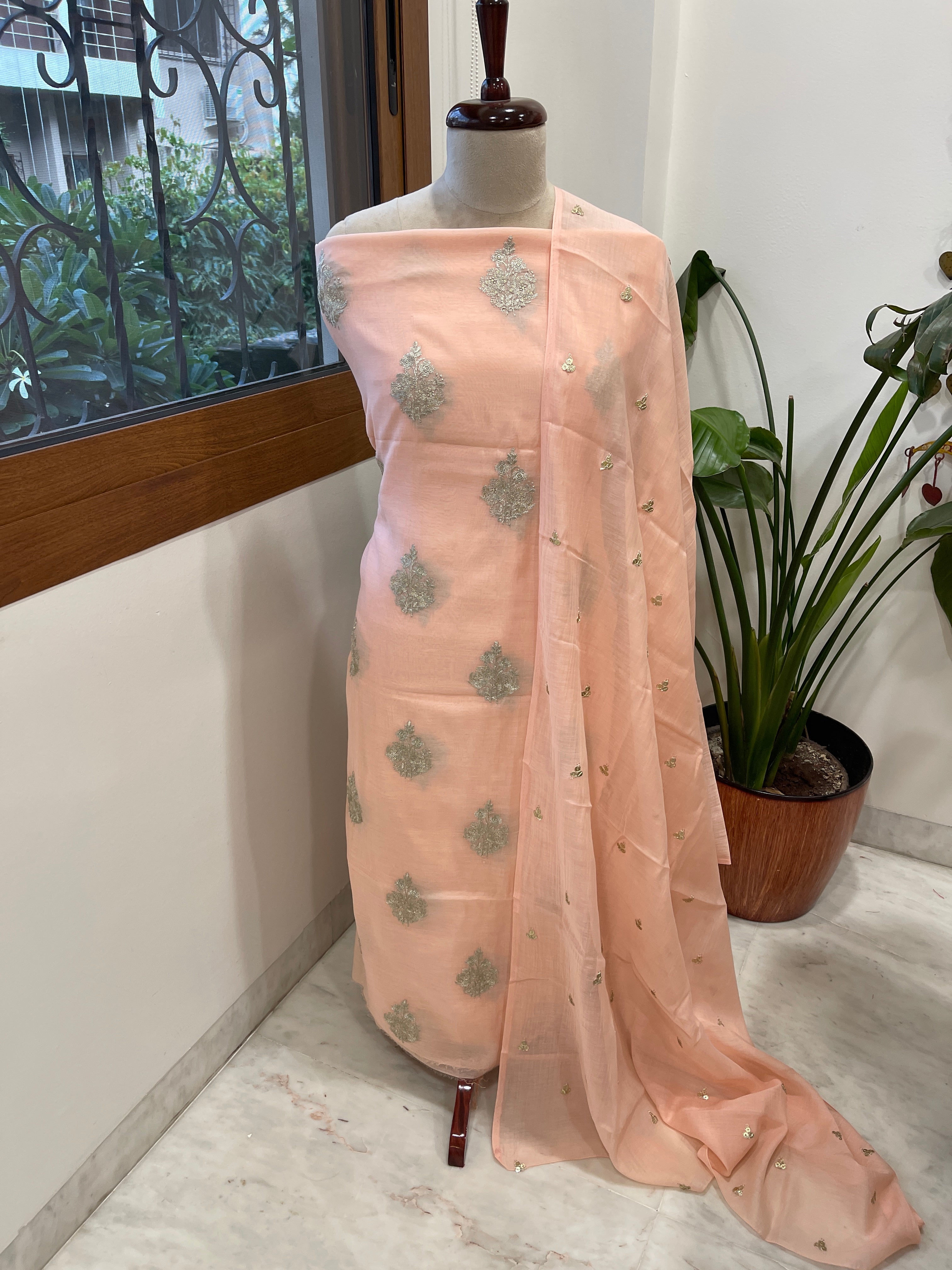 Peach Suit Set with Gold Thread & Sequin Work in Pure Mul - Masakalee