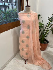 Peach Suit Set with Gold Thread & Sequin Work in Pure Mul - Masakalee