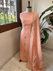 Peach Suit Set with Gold Thread & Sequin Work in Pure Mul - Masakalee