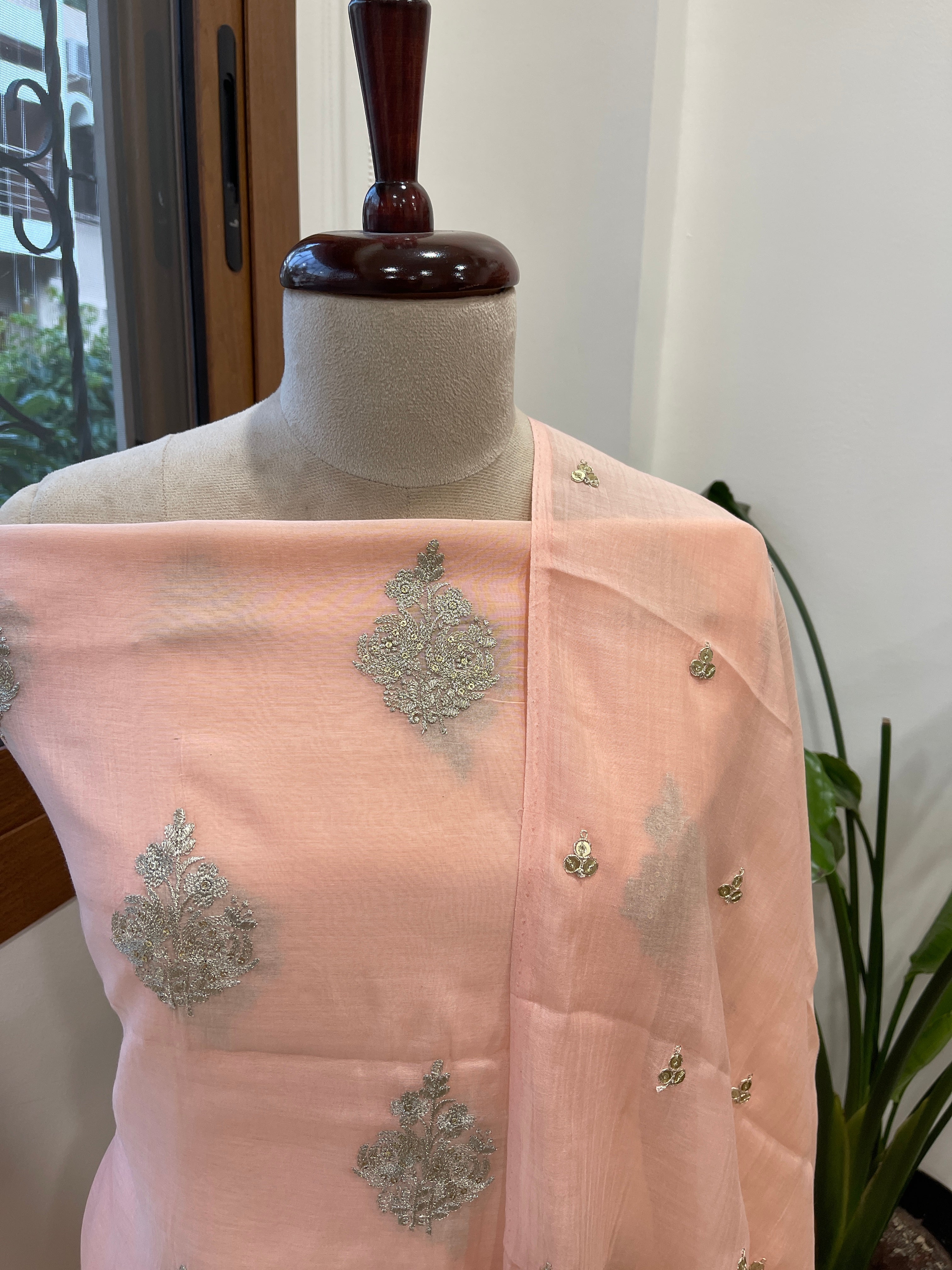 Peach Suit Set with Gold Thread & Sequin Work in Pure Mul - Masakalee