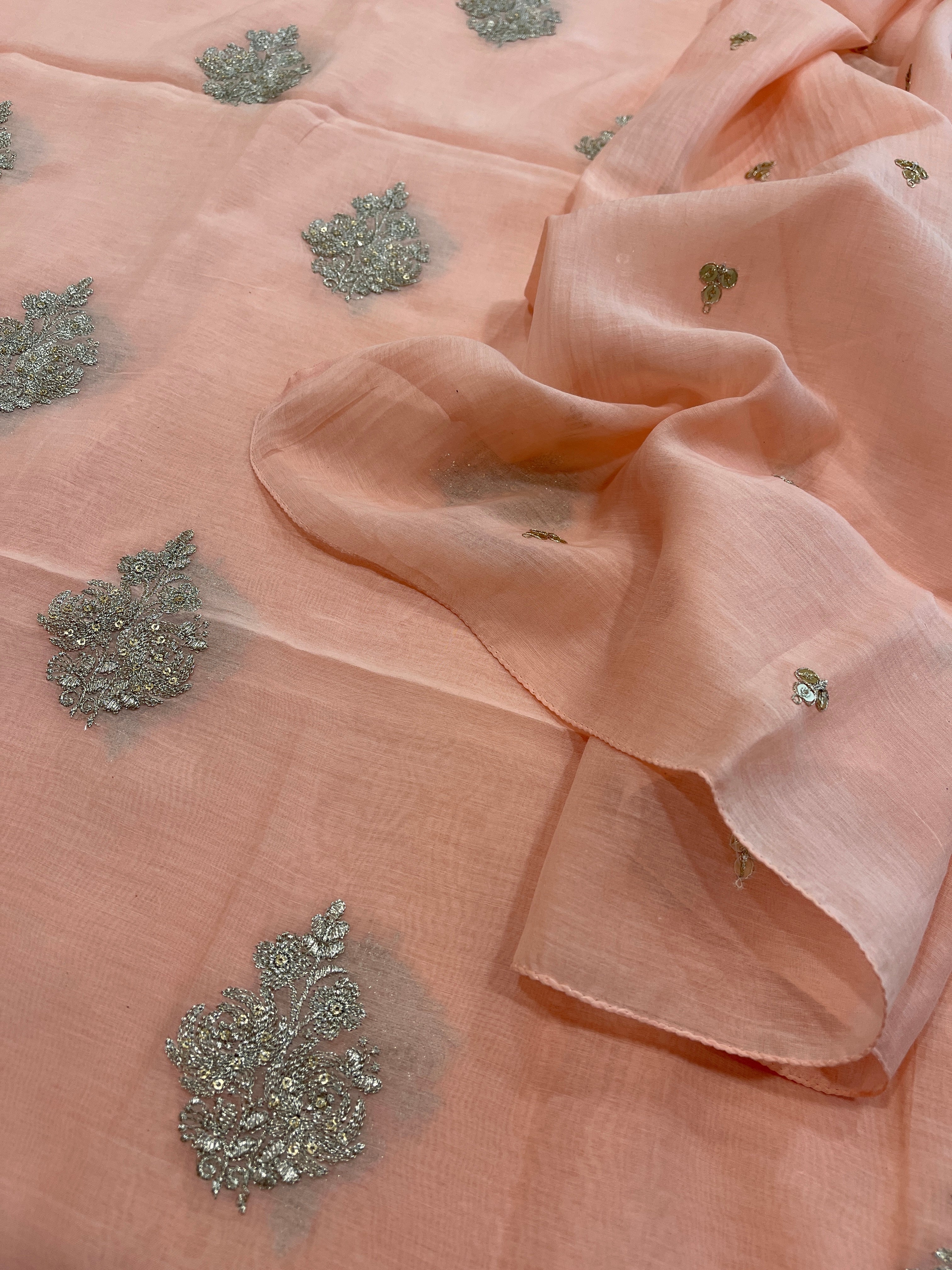 Peach Suit Set with Gold Thread & Sequin Work in Pure Mul - Masakalee