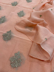 Peach Suit Set with Gold Thread & Sequin Work in Pure Mul - Masakalee