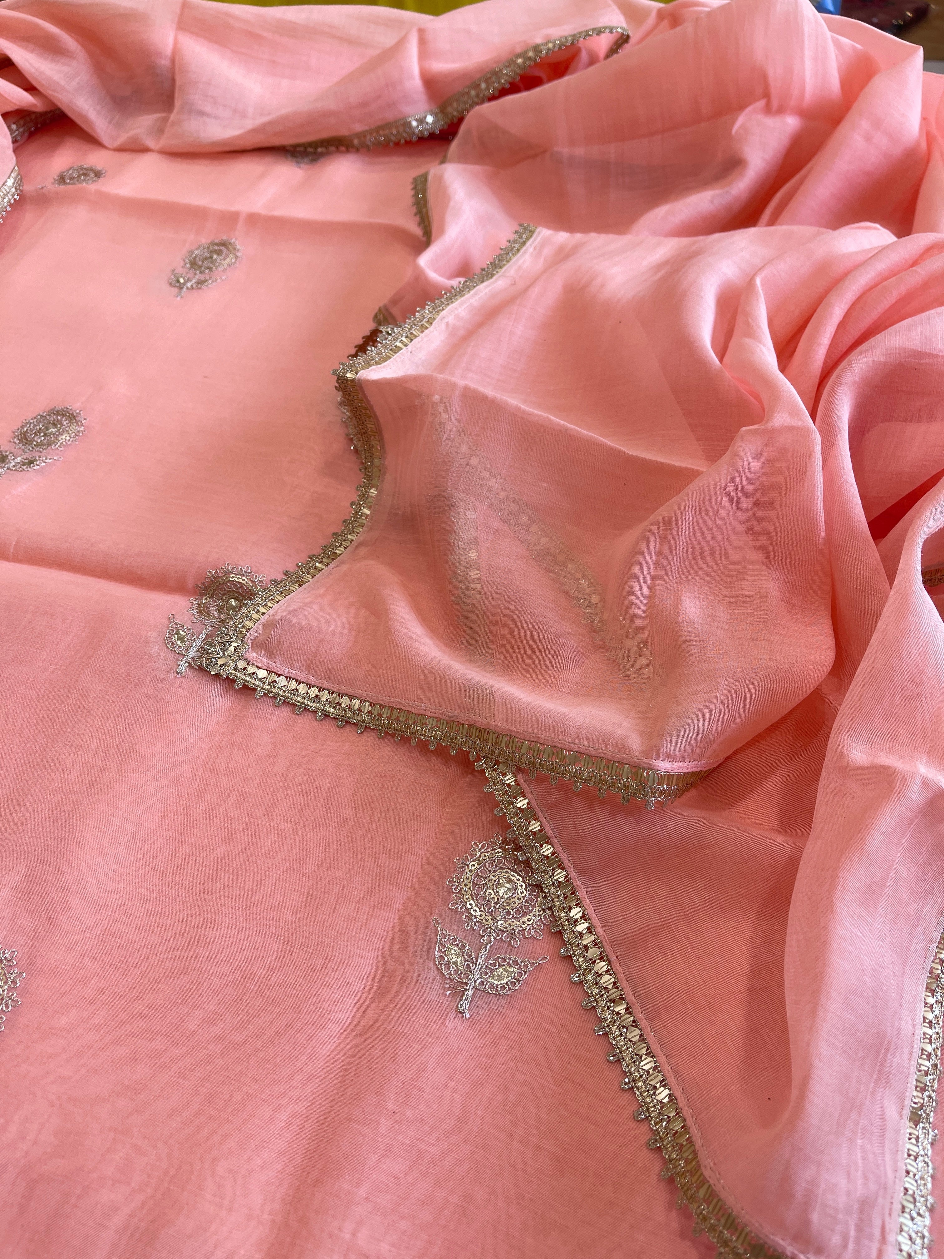 Peach Suit Set with Gold Thread & Sequin Work in Pure Mul - Masakalee
