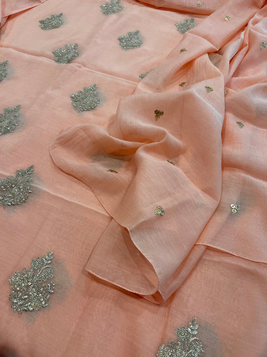 Peach Suit Set with Gold Thread & Sequin Work in Pure Mul - Masakalee
