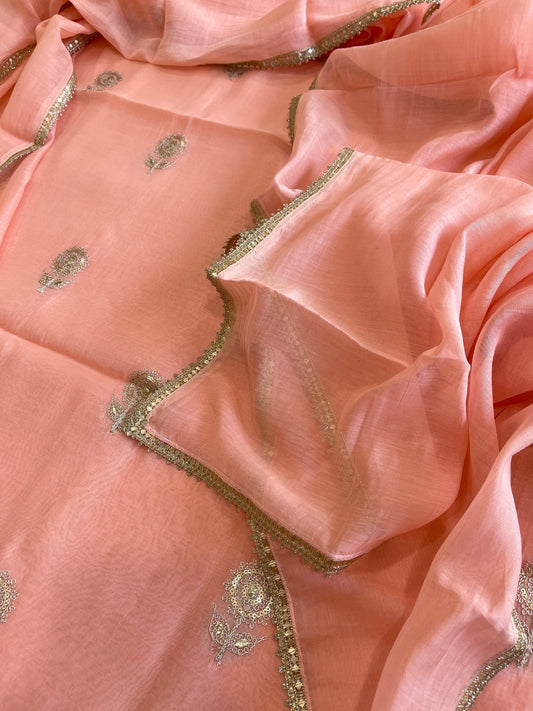 Peach Suit Set with Gold Thread & Sequin Work in Pure Mul - Masakalee