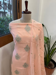 Peach Suit Set with Gold Thread & Sequin Work in Pure Mul - Masakalee