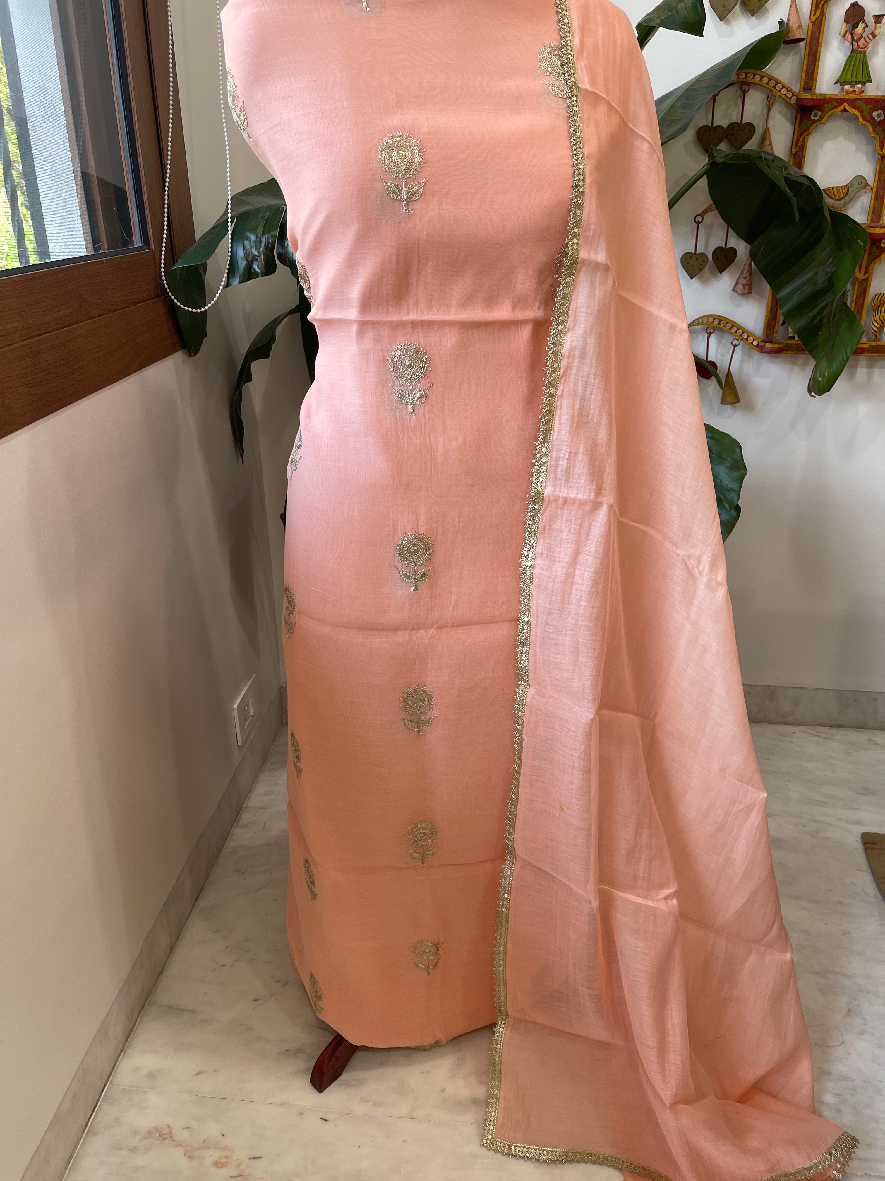 Peach Suit Set with Gold Thread & Sequin Work in Pure Mul - Masakalee