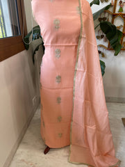 Peach Suit Set with Gold Thread & Sequin Work in Pure Mul - Masakalee