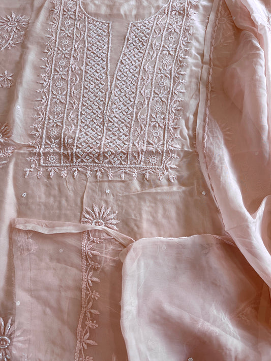 Peach Suit Set with Lucknowi and Pearl Handwork in Organza Crepe - Masakalee