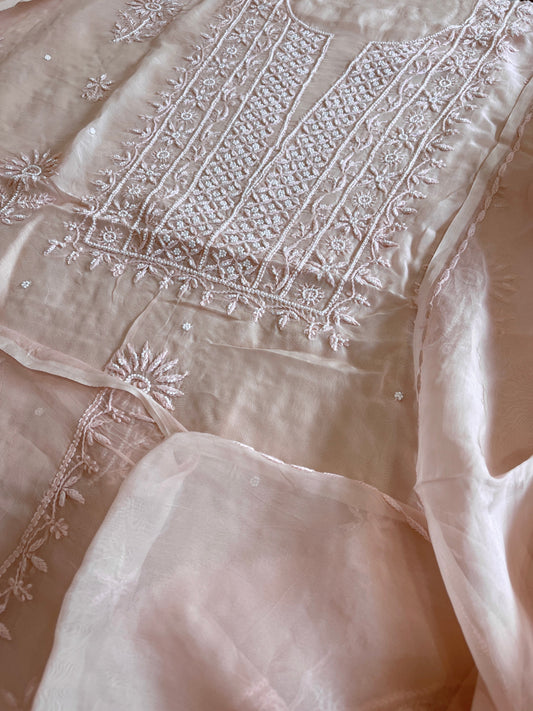 Peach Suit Set with Lucknowi and Pearl Handwork in Organza Crepe - Masakalee