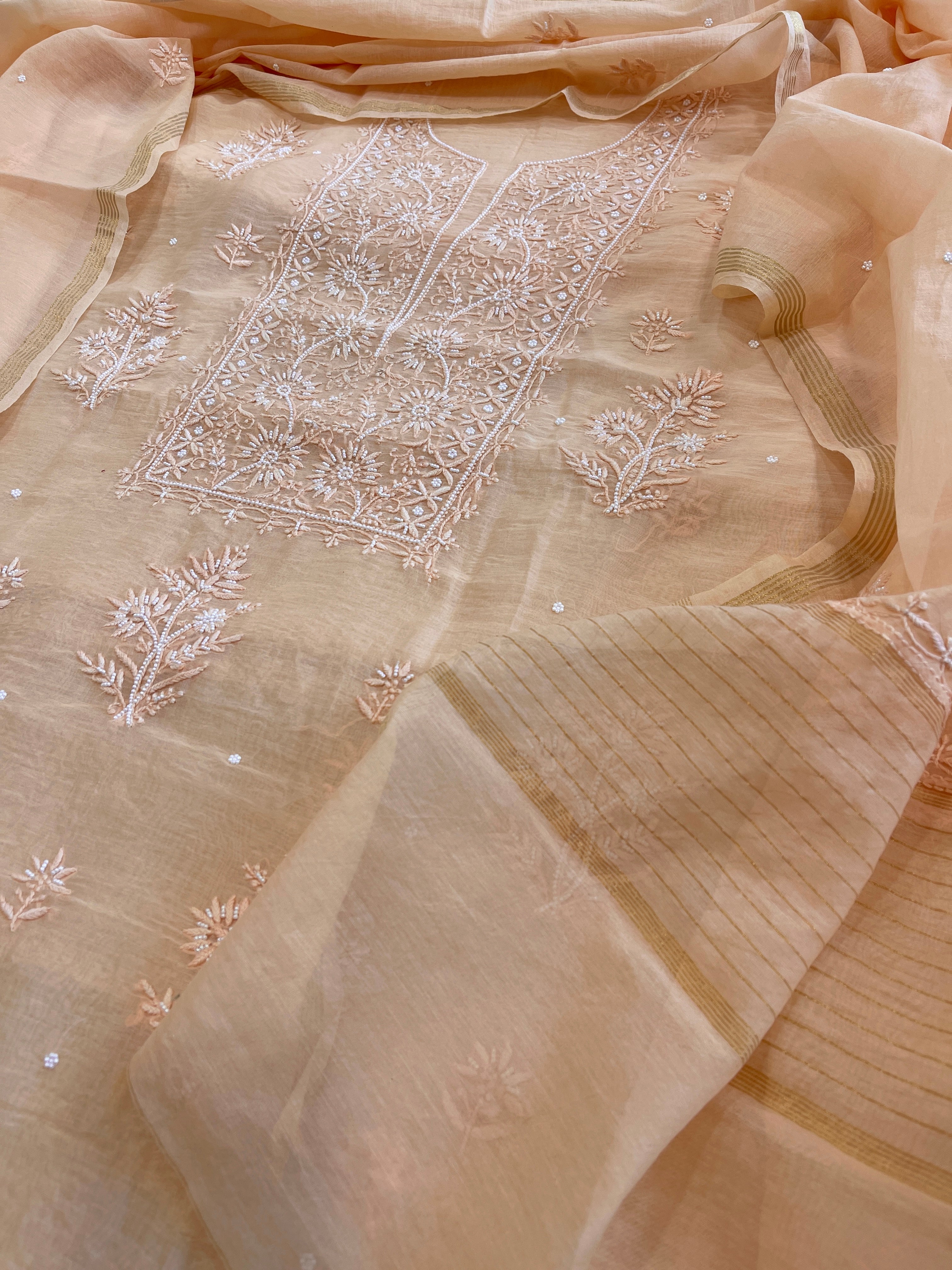Peach Suit Set with Lucknowi Handwork in Pure Mul Chanderi - Masakalee