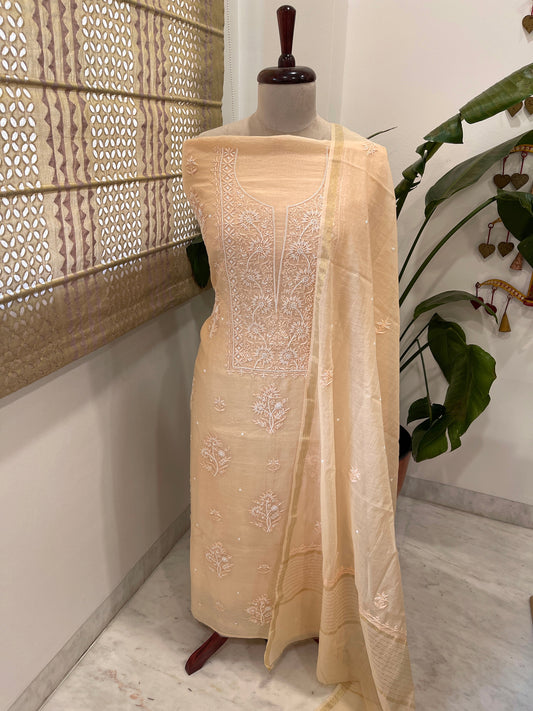 Peach Suit Set with Lucknowi Handwork in Pure Mul Chanderi - Masakalee