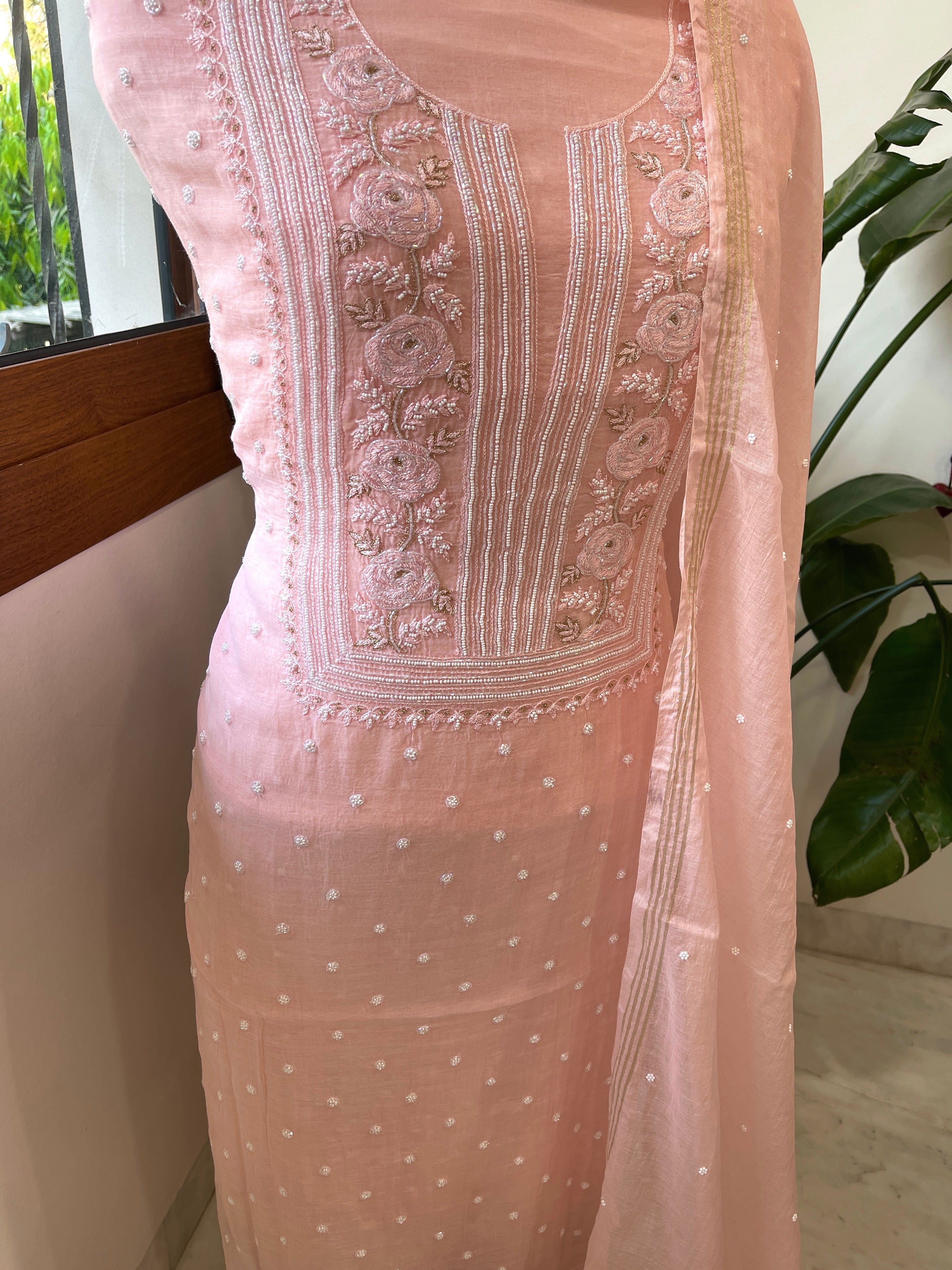 Peach Suit Set with Lucknowi Handwork in Pure Mul Chanderi - Masakalee