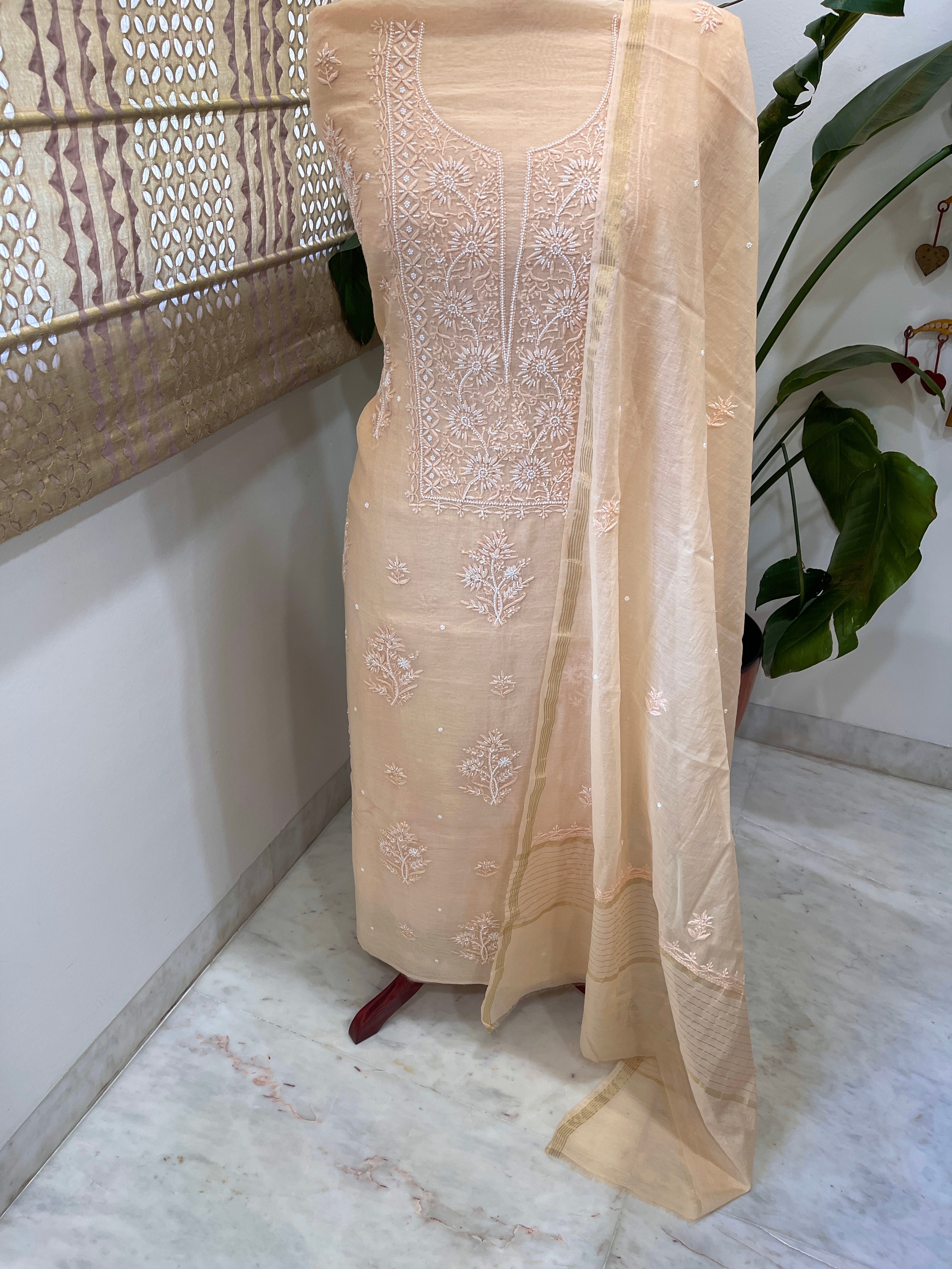 Peach Suit Set with Lucknowi Handwork in Pure Mul Chanderi - Masakalee