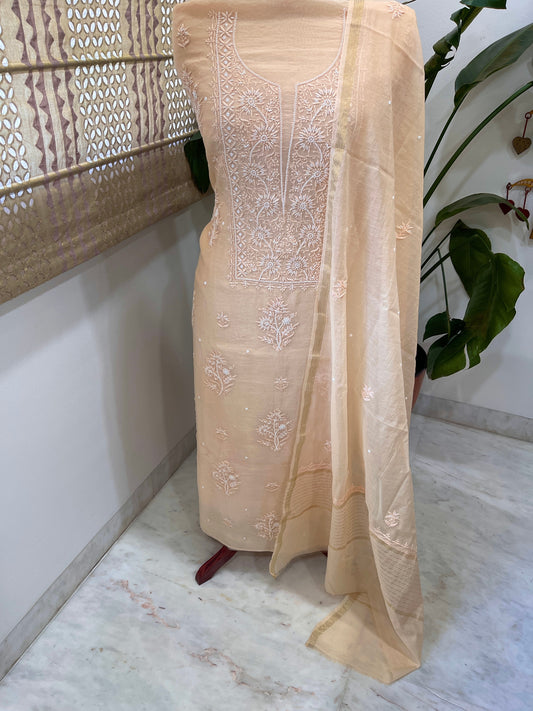Peach Suit Set with Lucknowi Handwork in Pure Mul Chanderi - Masakalee