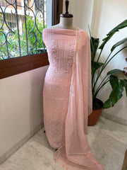 Peach Suit Set with Lucknowi Handwork in Pure Mul Chanderi - Masakalee
