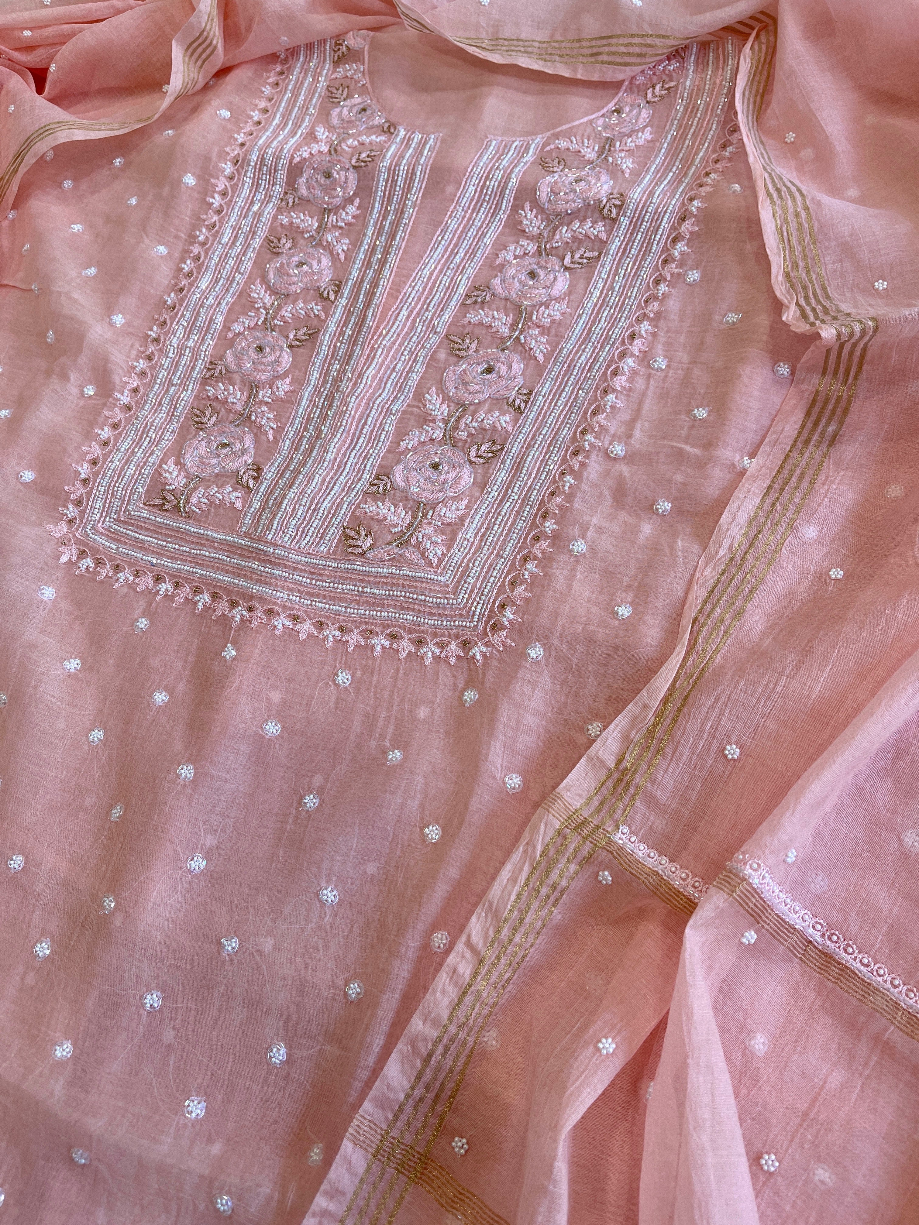 Peach Suit Set with Lucknowi Handwork in Pure Mul Chanderi - Masakalee