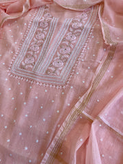Peach Suit Set with Lucknowi Handwork in Pure Mul Chanderi - Masakalee