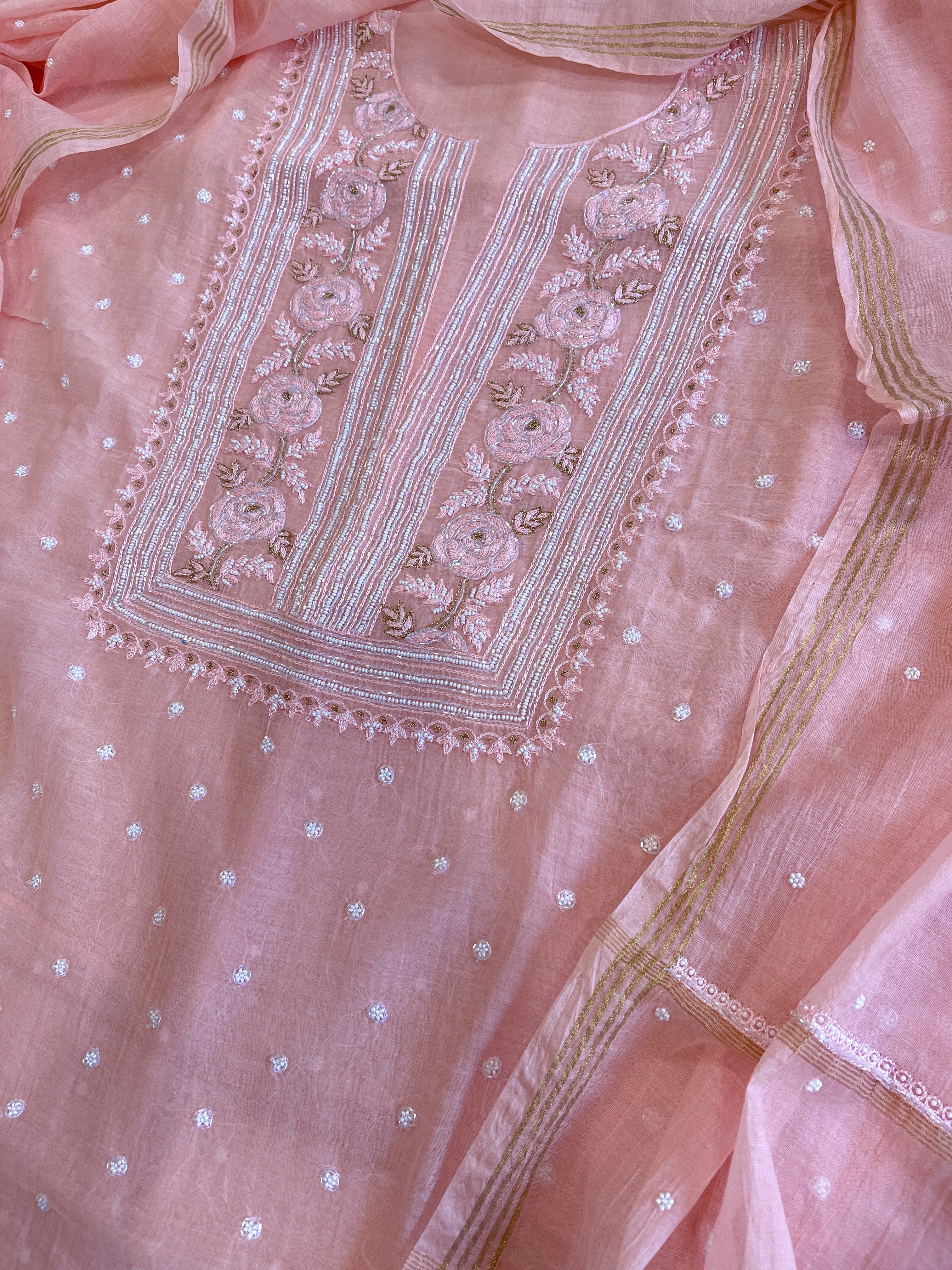 Peach Suit Set with Lucknowi Handwork in Pure Mul Chanderi - Masakalee