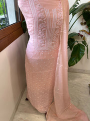 Peach Suit Set with Lucknowi Handwork in Pure Mul Chanderi - Masakalee