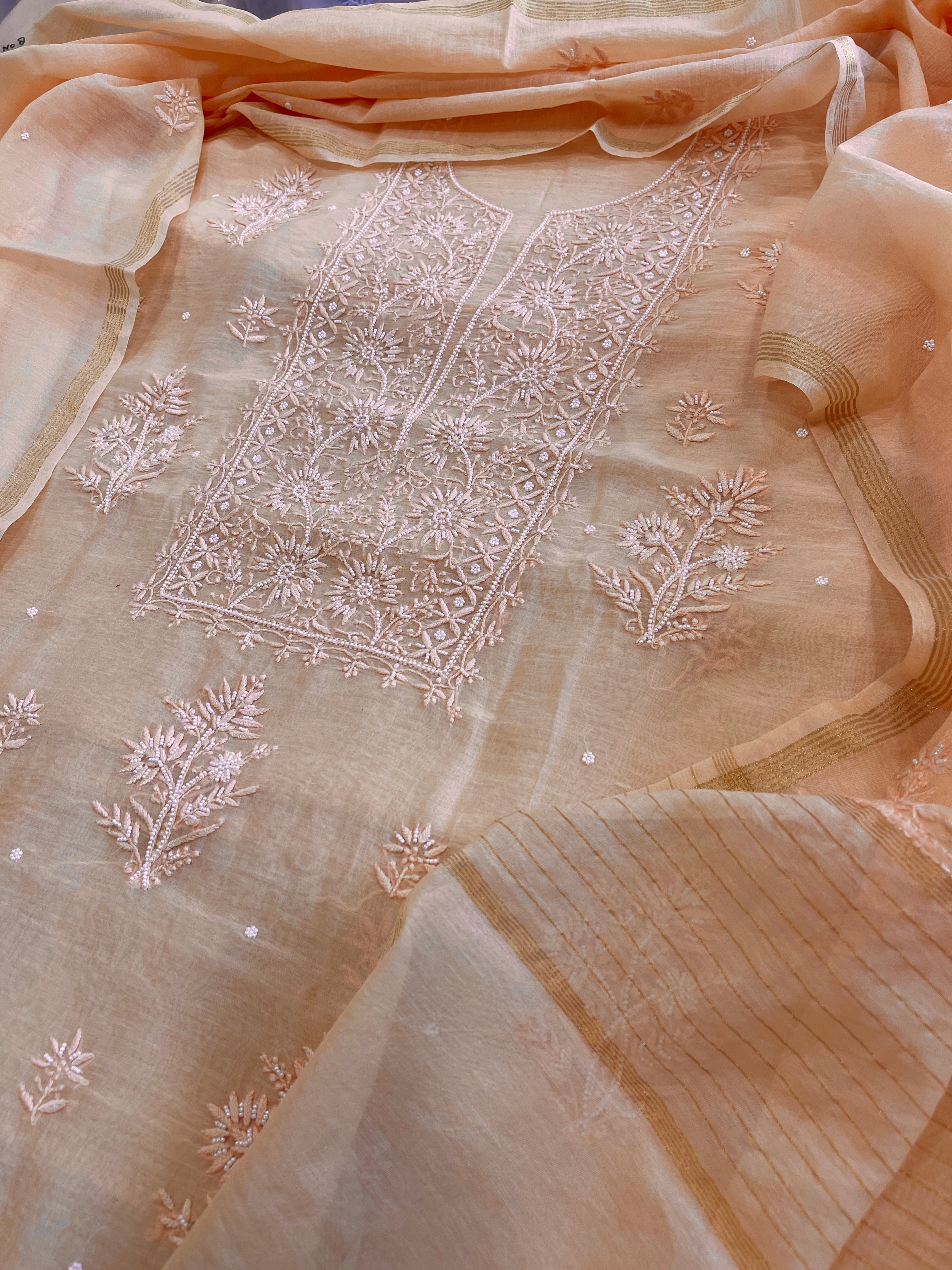 Peach Suit Set with Lucknowi Handwork in Pure Mul Chanderi - Masakalee