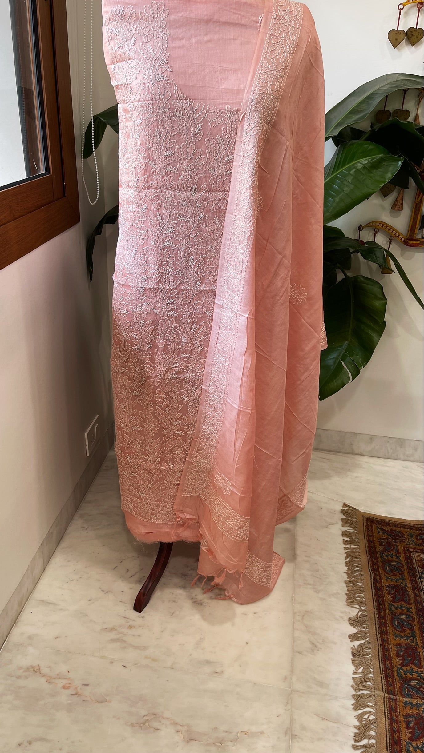 Peach Suit Set with Lucknowi Handwork in Pure Tussar Silk - Masakalee