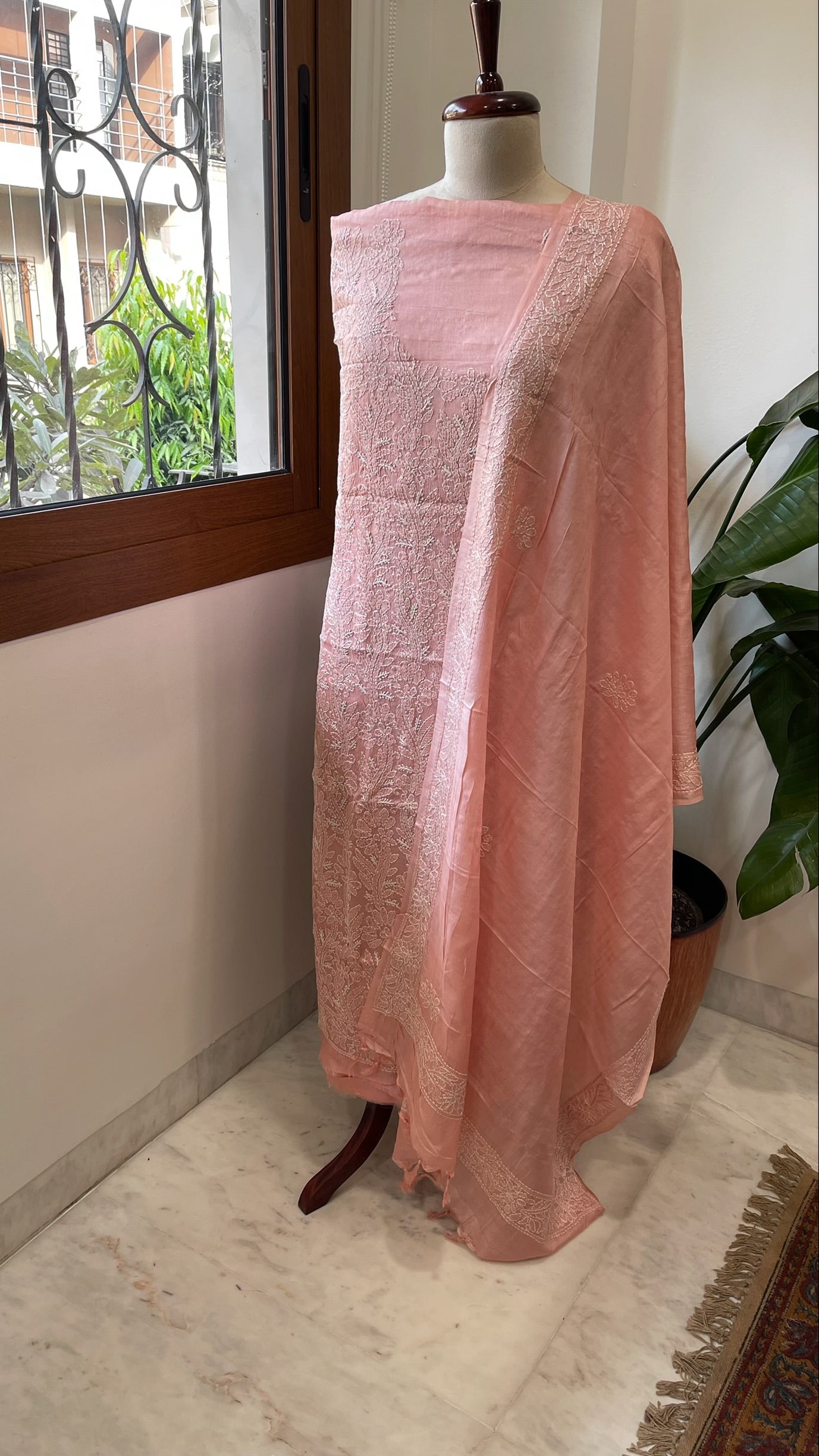 Peach Suit Set with Lucknowi Handwork in Pure Tussar Silk - Masakalee