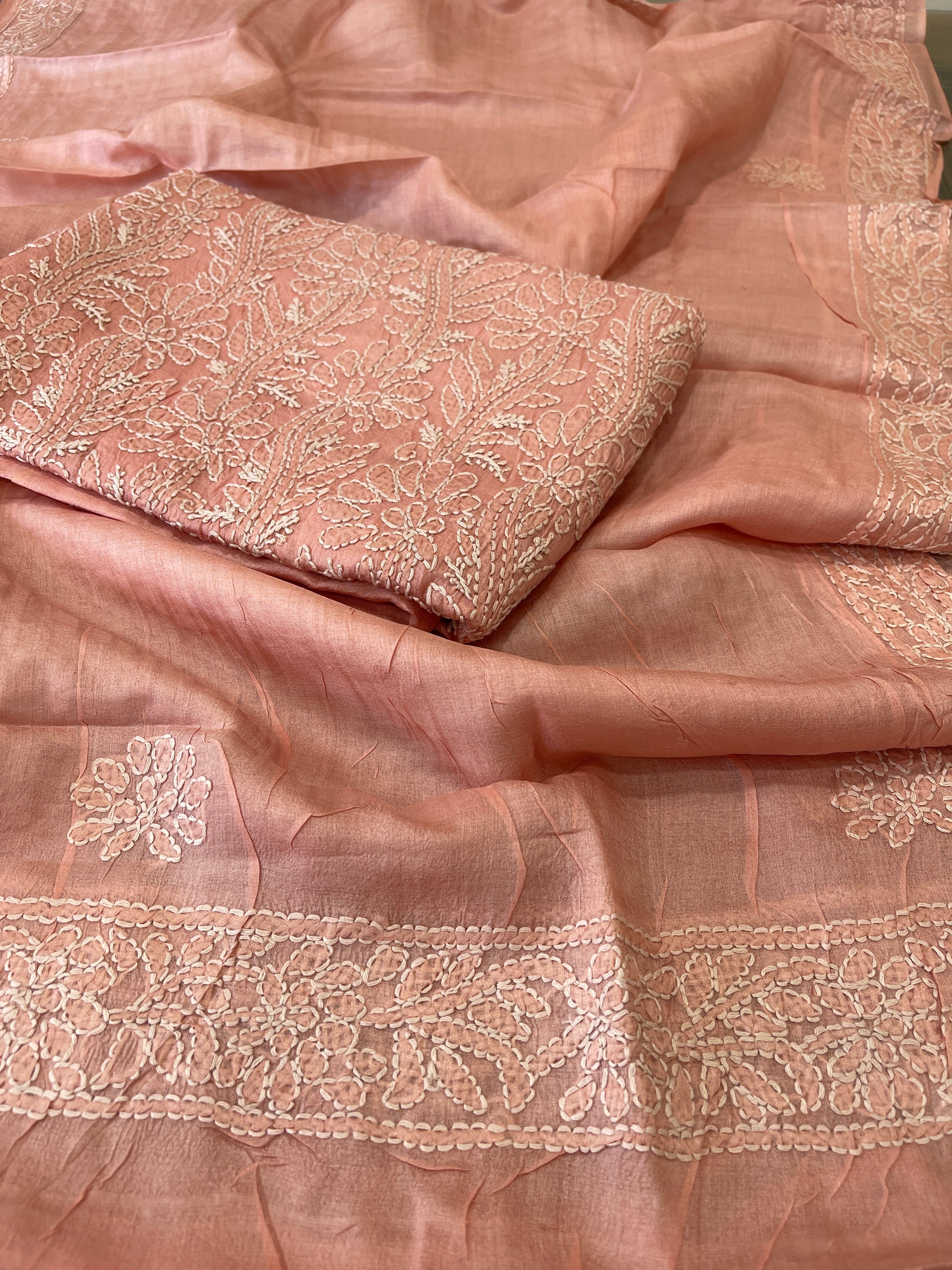 Peach Suit Set with Lucknowi Handwork in Pure Tussar Silk - Masakalee