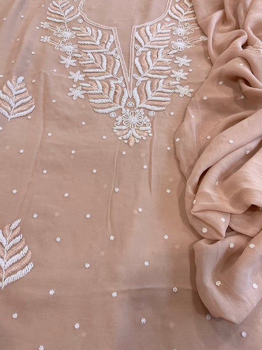 Peach Suit Set with Pearl and Thread Handwork in Georgette - Masakalee