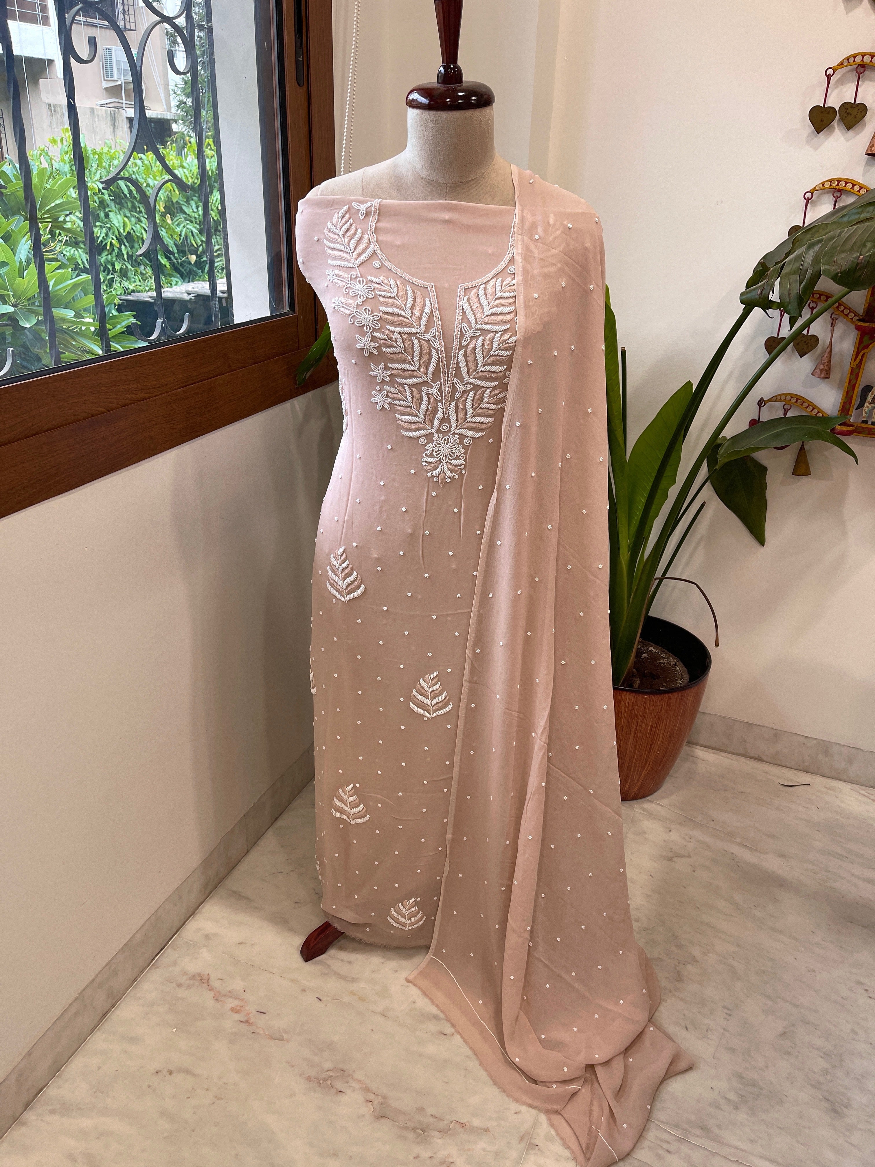 Peach Suit Set with Pearl and Thread Handwork in Georgette - Masakalee
