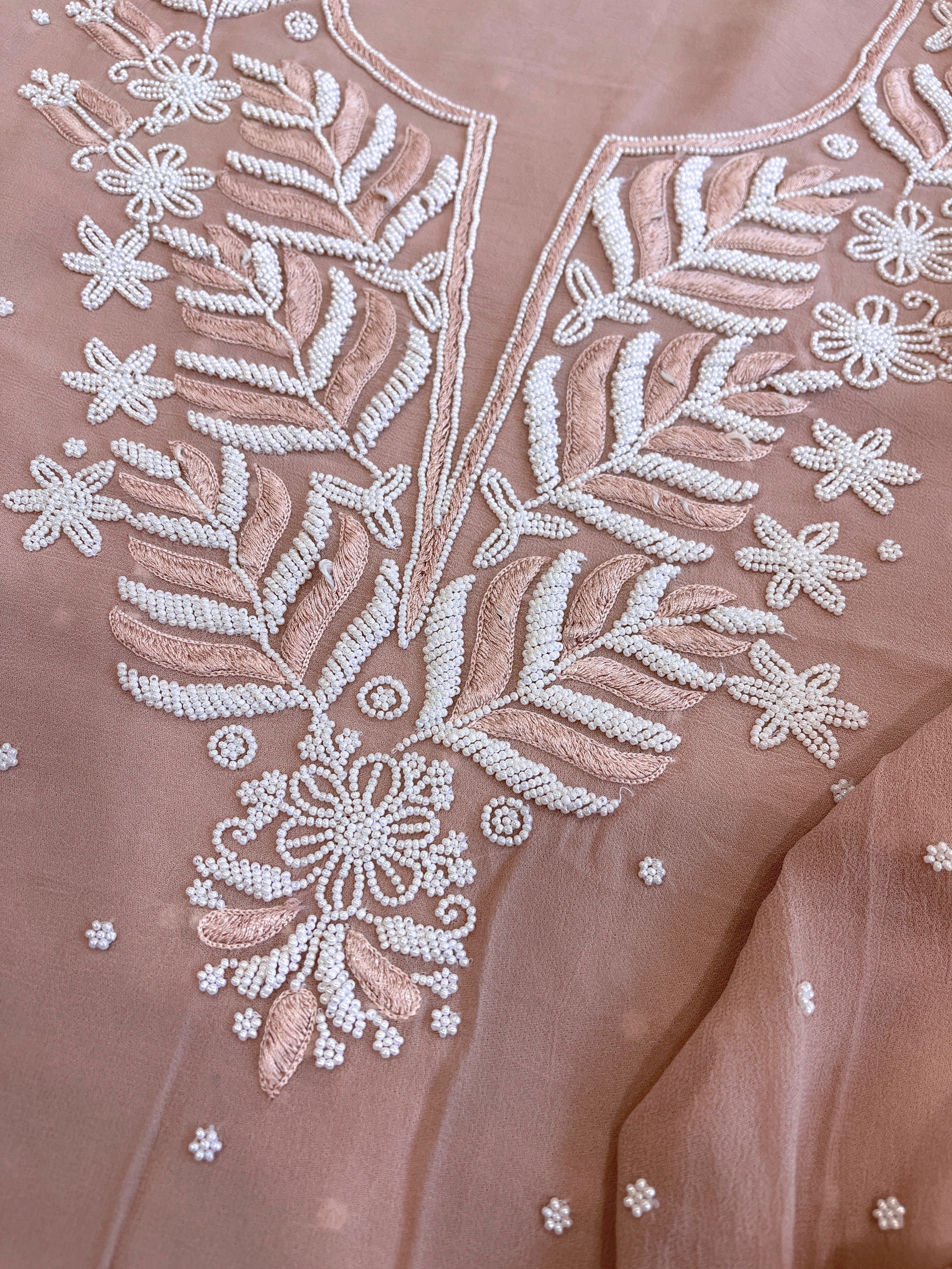 Peach Suit Set with Pearl and Thread Handwork in Georgette - Masakalee