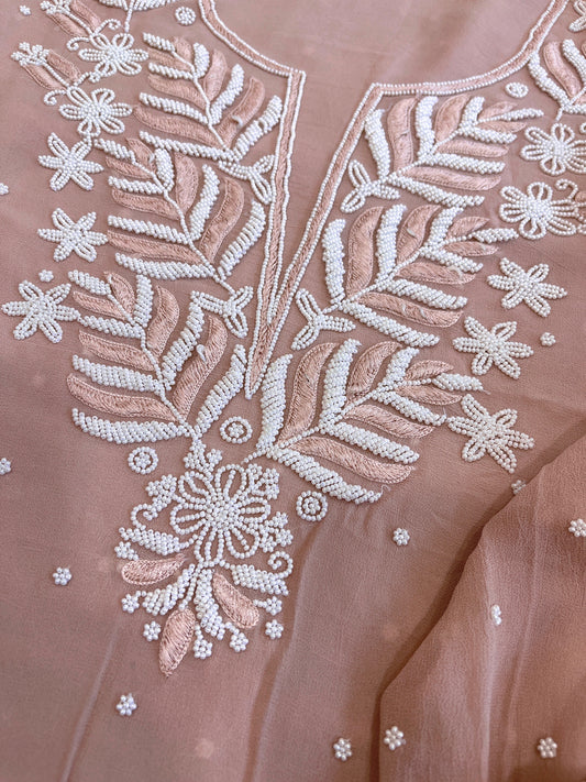 Peach Suit Set with Pearl and Thread Handwork in Georgette - Masakalee