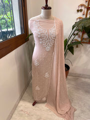 Peach Suit Set with Pearl and Thread Handwork in Georgette - Masakalee