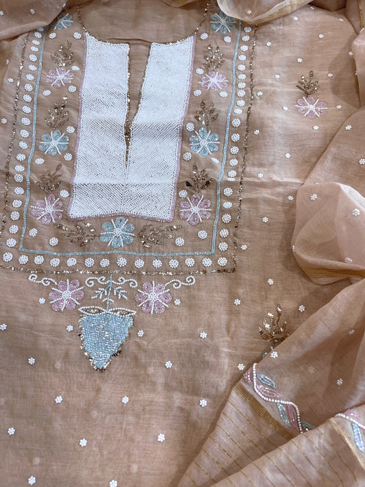 Peach Suit Set with Pearl, Cut Daana and Mukaish Handwork in Pure Mul Chanderi - Masakalee