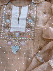 Peach Suit Set with Pearl, Cut Daana and Mukaish Handwork in Pure Mul Chanderi - Masakalee