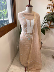 Peach Suit Set with Pearl, Cut Daana and Mukaish Handwork in Pure Mul Chanderi - Masakalee